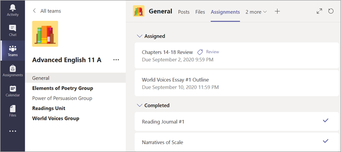 An example of a student viewing their assignments on Microsoft Teams